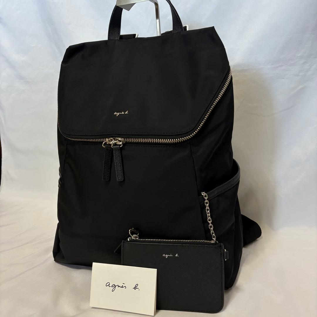 【美品】アニエスベー ブラック ナイロン リュック パスケース付き バックパック