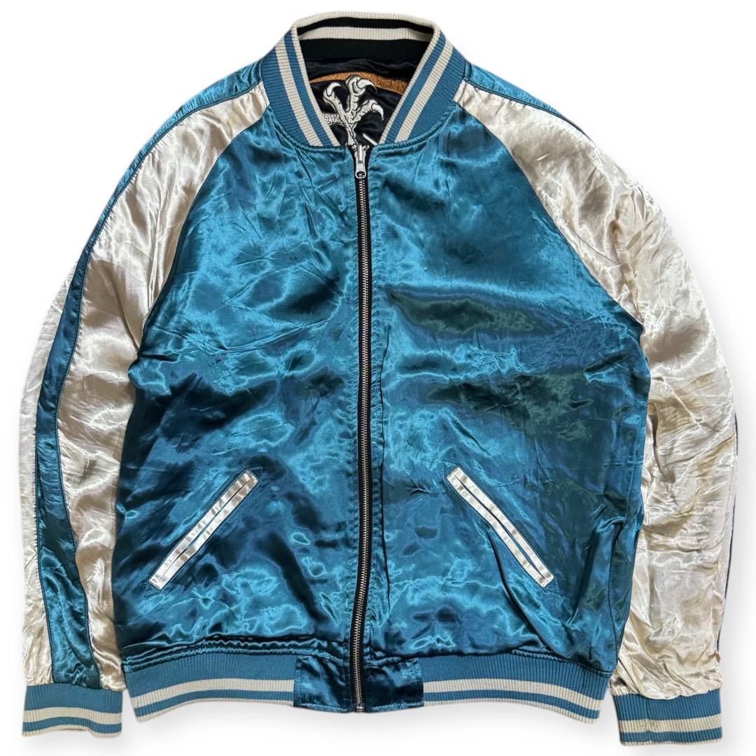 絡繰魂 粋 双龍 総刺繍 リバーシブル 光沢サテン 和柄スカジャン Lサイズ