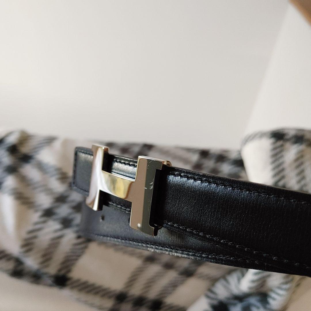 美品【HERMES】Hバックル　レザーベルト　ブラック×シルバー