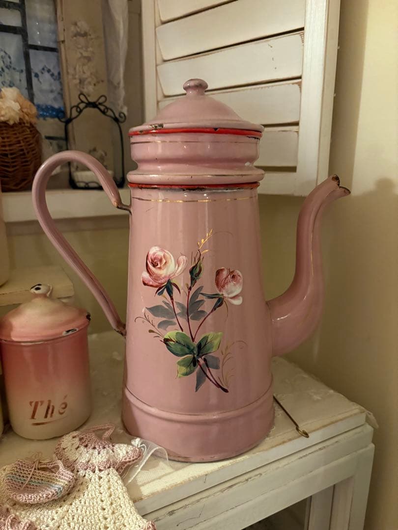 アンティークホーロー♡AUBECQ社ピンクバラ柄ホーローカフェティエール　希少❣️