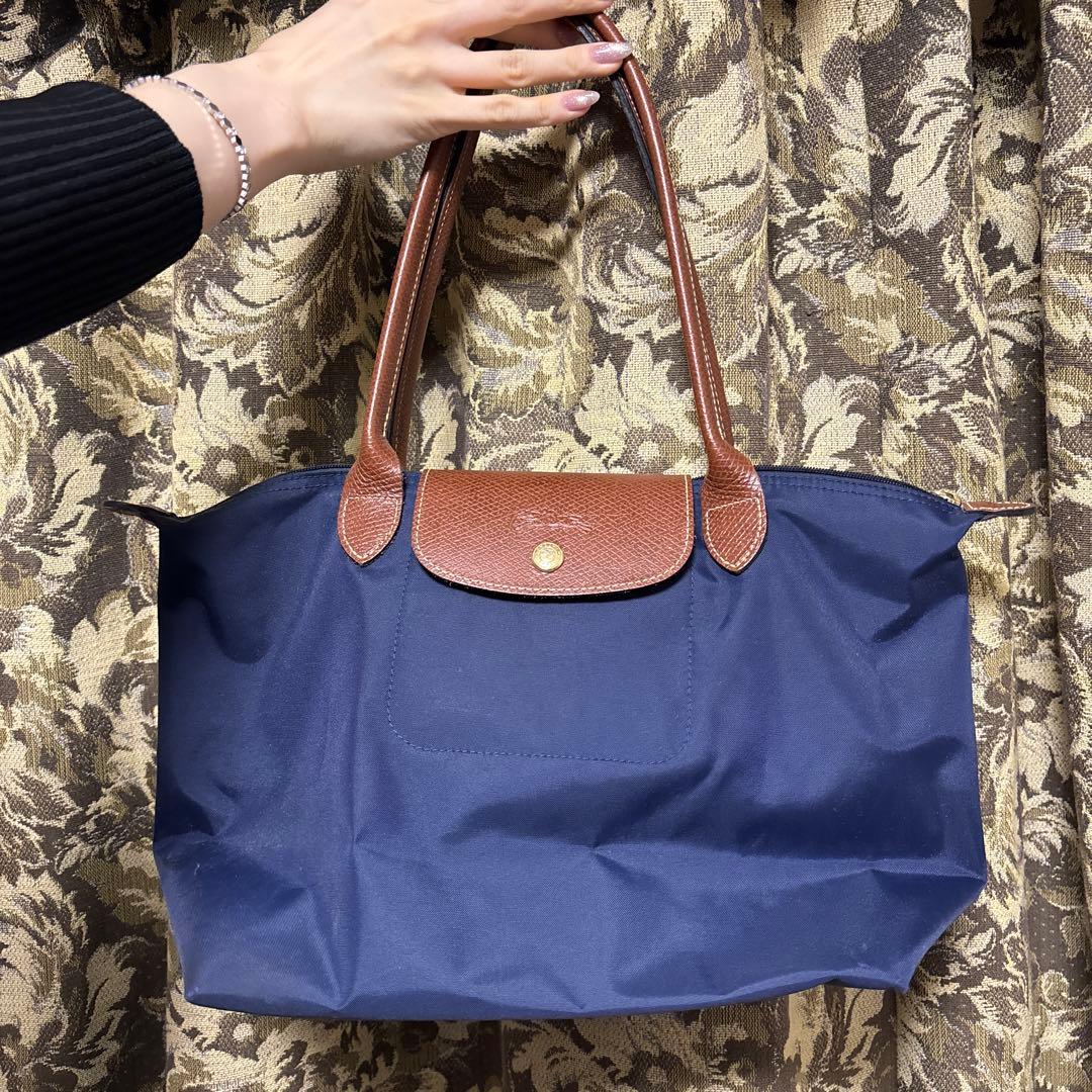 Longchampネイビー ナイロン バッグ ブラウンレザー