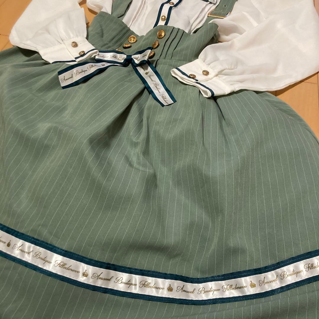 美品　アマベル Amavel 白ブラウス+緑スカート+レース付ボリュームスカート