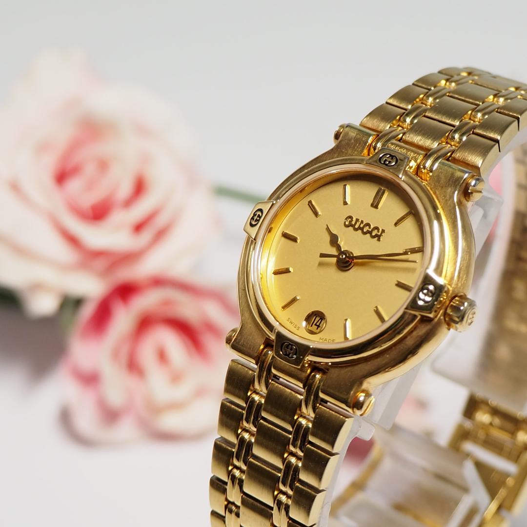美品 グッチ GUCCI 9200L ゴールド文字盤 デイト 腕時計 H418