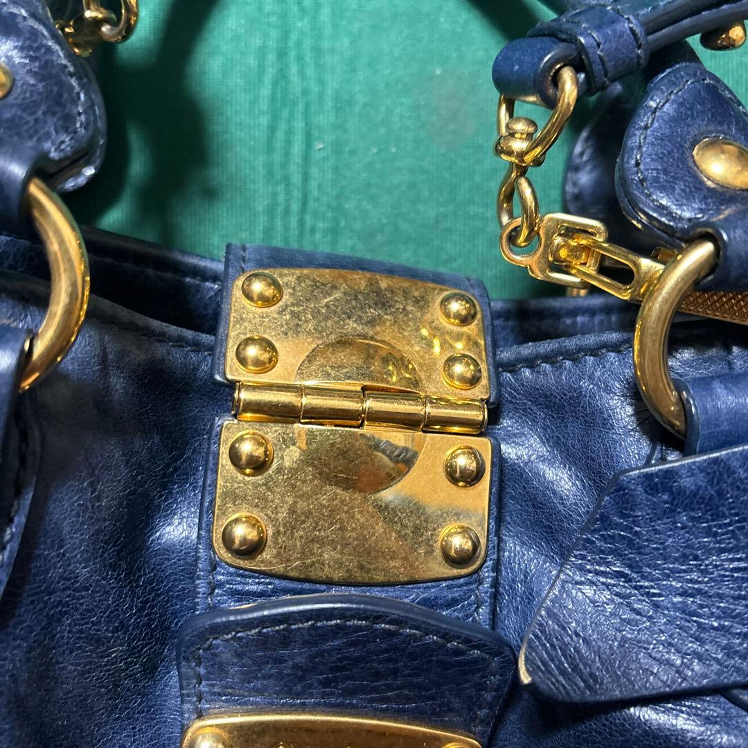 miu miu VITELLO LUX ハンドバッグ 2way リボン ブルー