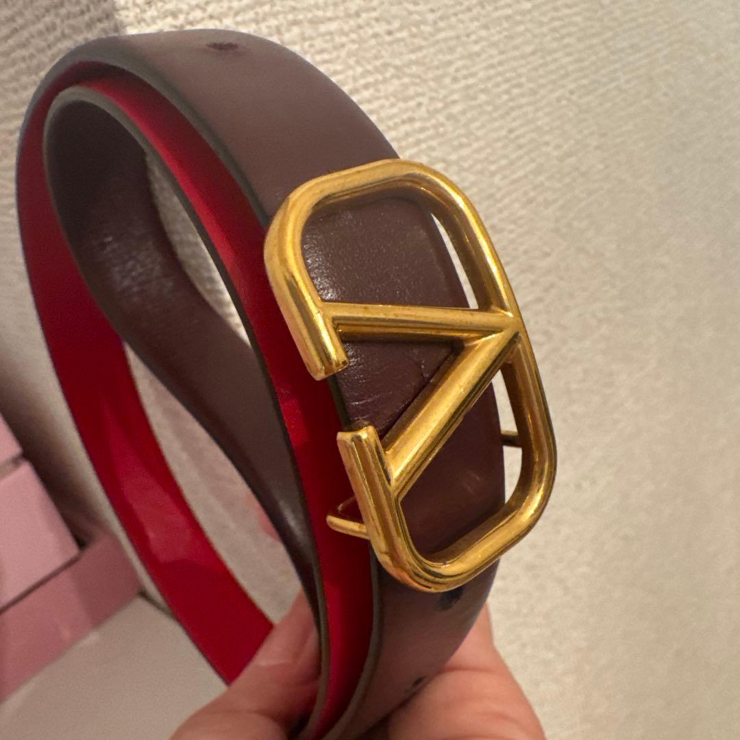 VALENTINO レザー製ブラウン/レッドベルト ゴールドバックル