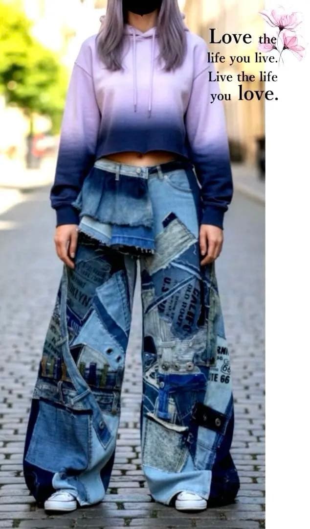 週末セール！デニムパッチワーク☆ワイドパンツxフリルスカート☆セットアップ