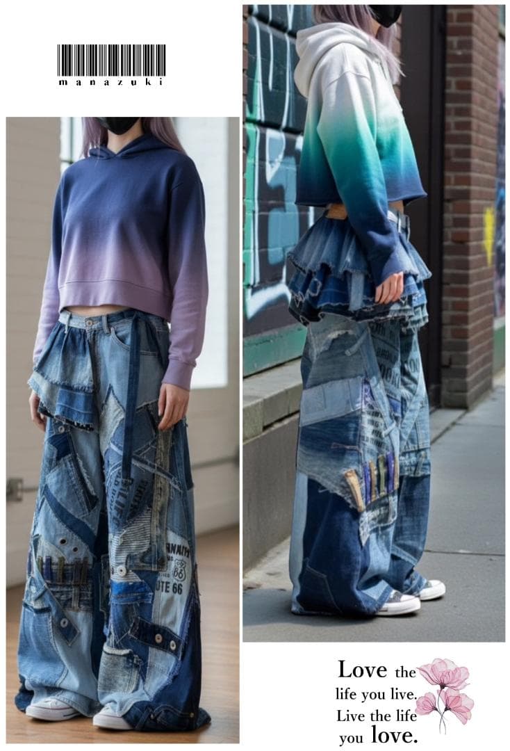 週末セール！デニムパッチワーク☆ワイドパンツxフリルスカート☆セットアップ