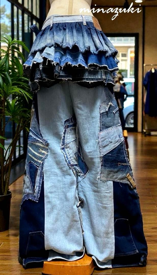 週末セール！デニムパッチワーク☆ワイドパンツxフリルスカート☆セットアップ
