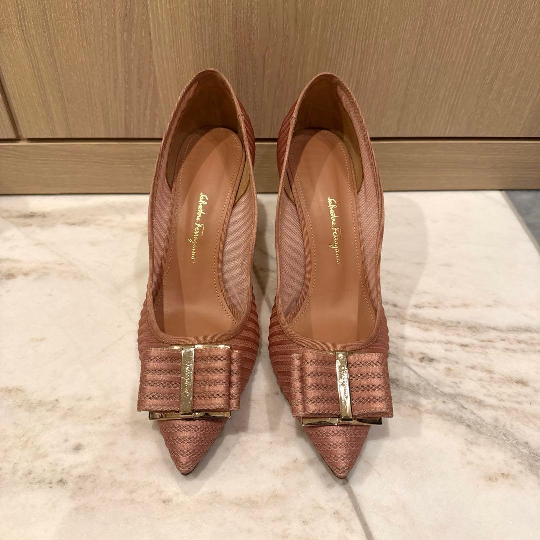 【美品】フェラガモ エレガントピンクリボンハイヒール7.5cm　サイズ7