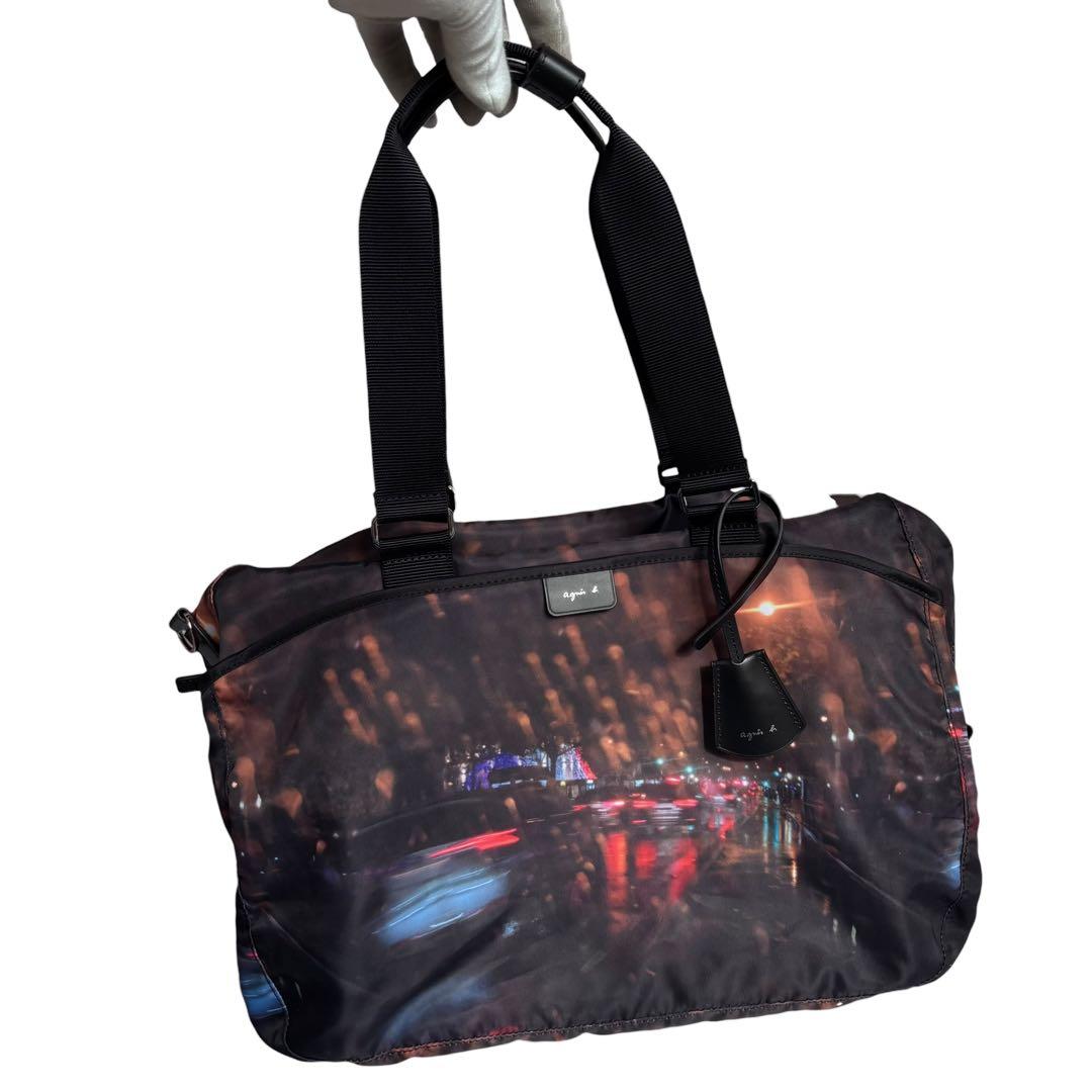 【未使用級】アニエスベー 2way ボストンバッグ フォトプリント 夜景 大容量