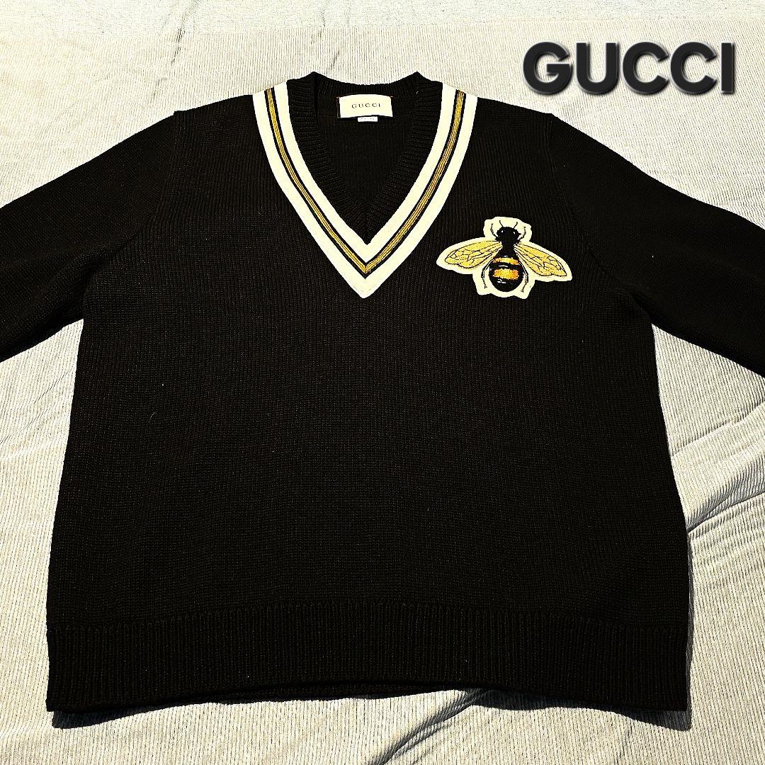 【美品】GUCCIBEE ワッペンVネックニットトップス 黒 XLサイズ