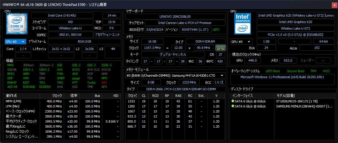 Windowsノート本体 ThinkPad E590 (i3/16GB/128GB+1TB/FHD)