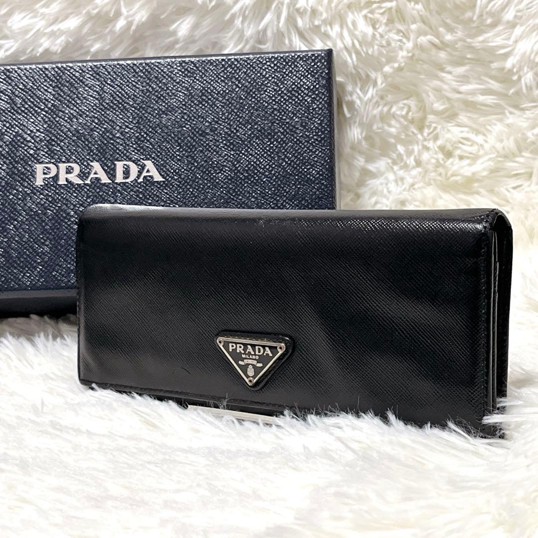 良品✨プラダ 2つ折り長財布 サイフィアーノレザー 三角プレート トライアングル
