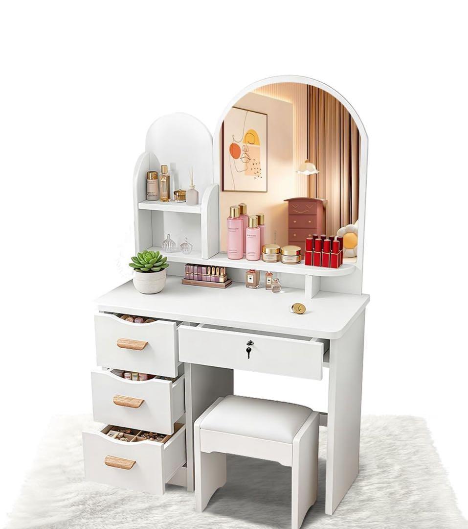 週日限定セール　ドレッサー 女優ミラー 鍵付き 幅80cm 鏡台 スツール付き