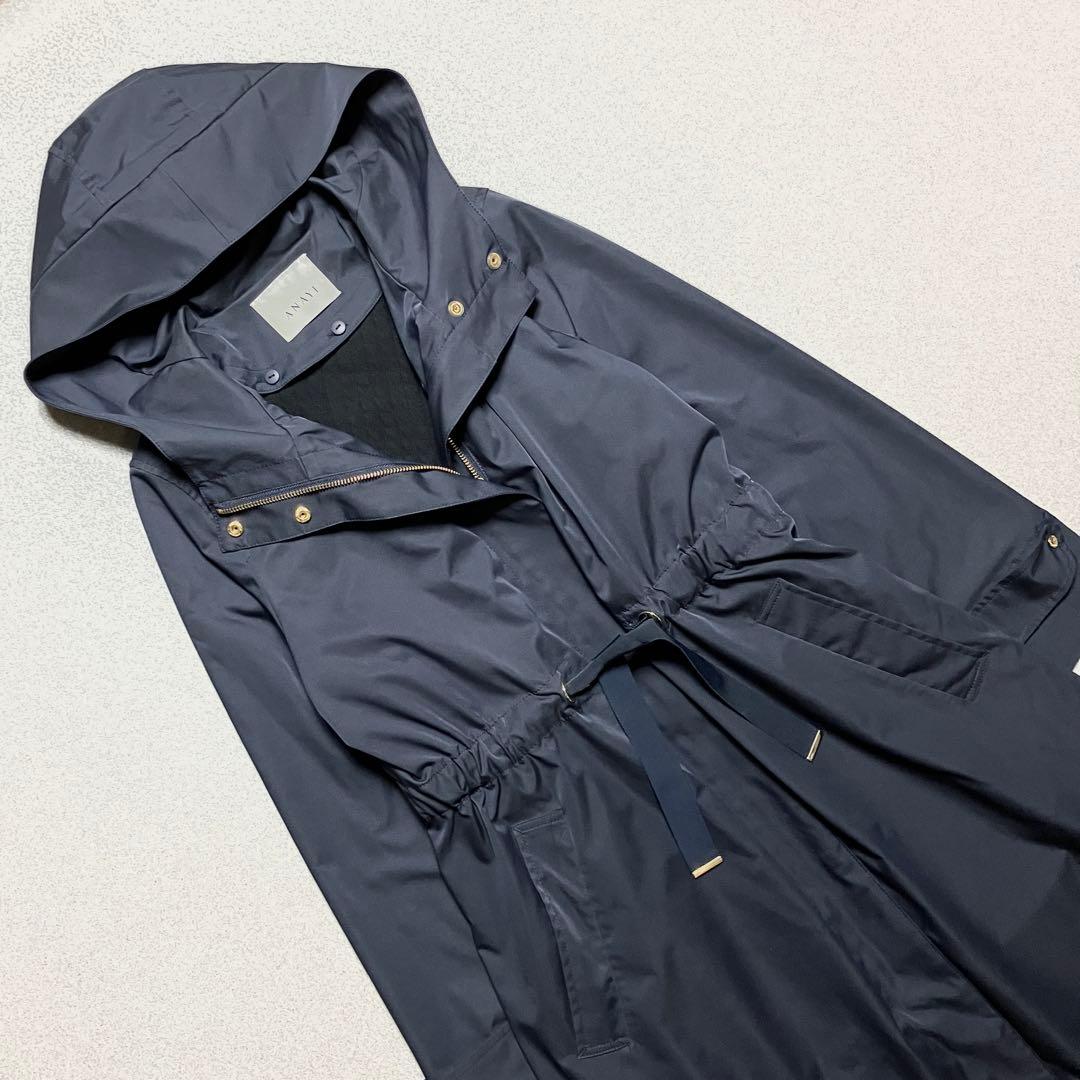 近年 ANAYI ブライトツイルライナーモッズコート フードロング アナイ 紺