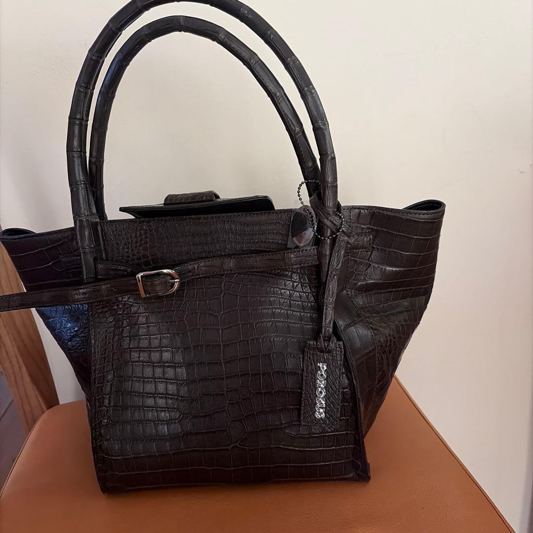 ダークブラウン クロコダイル型押し ハンドバッグ