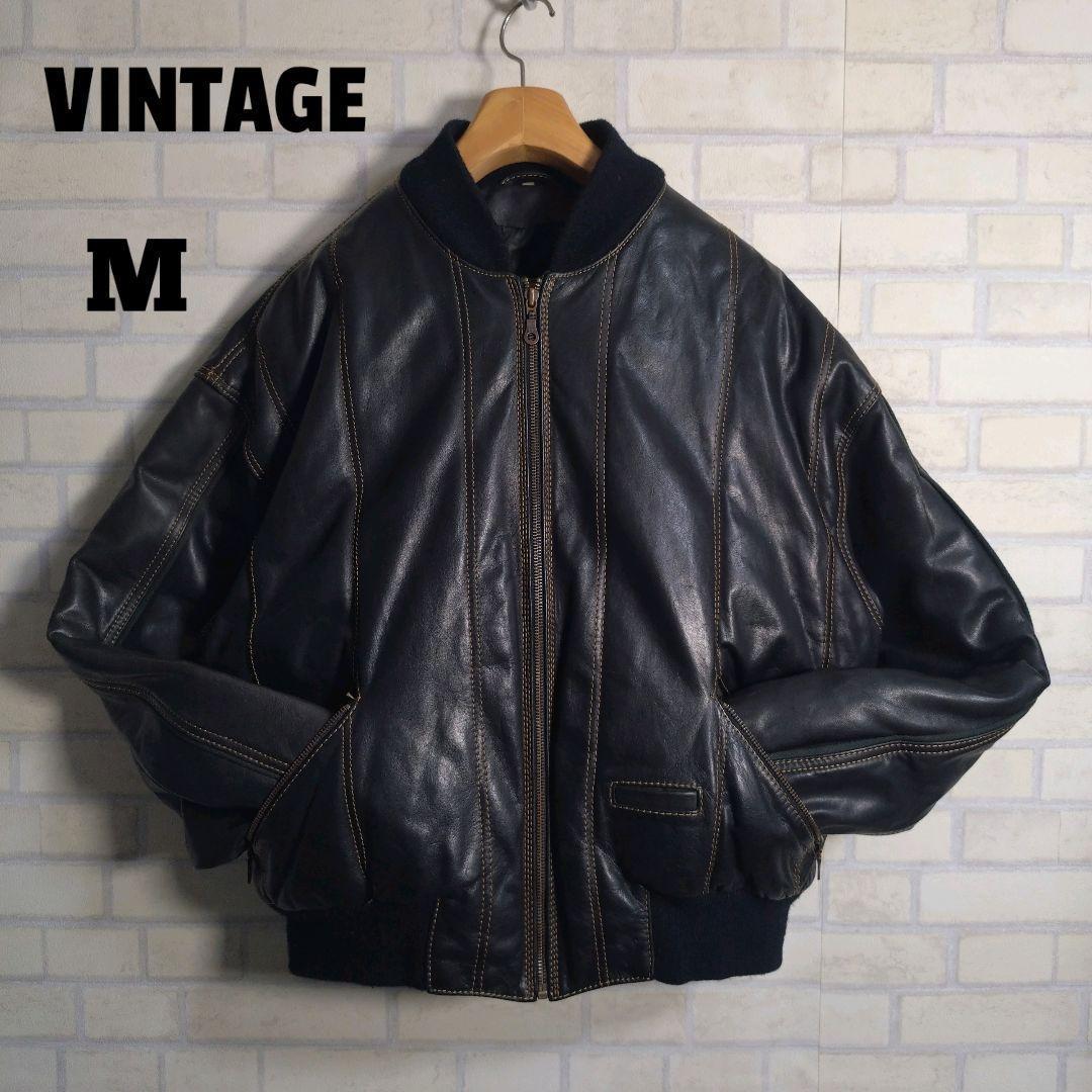 ヴィンテージ★総ステッチ リアルレザー 牛革 レザージャケット ネイビー M相当