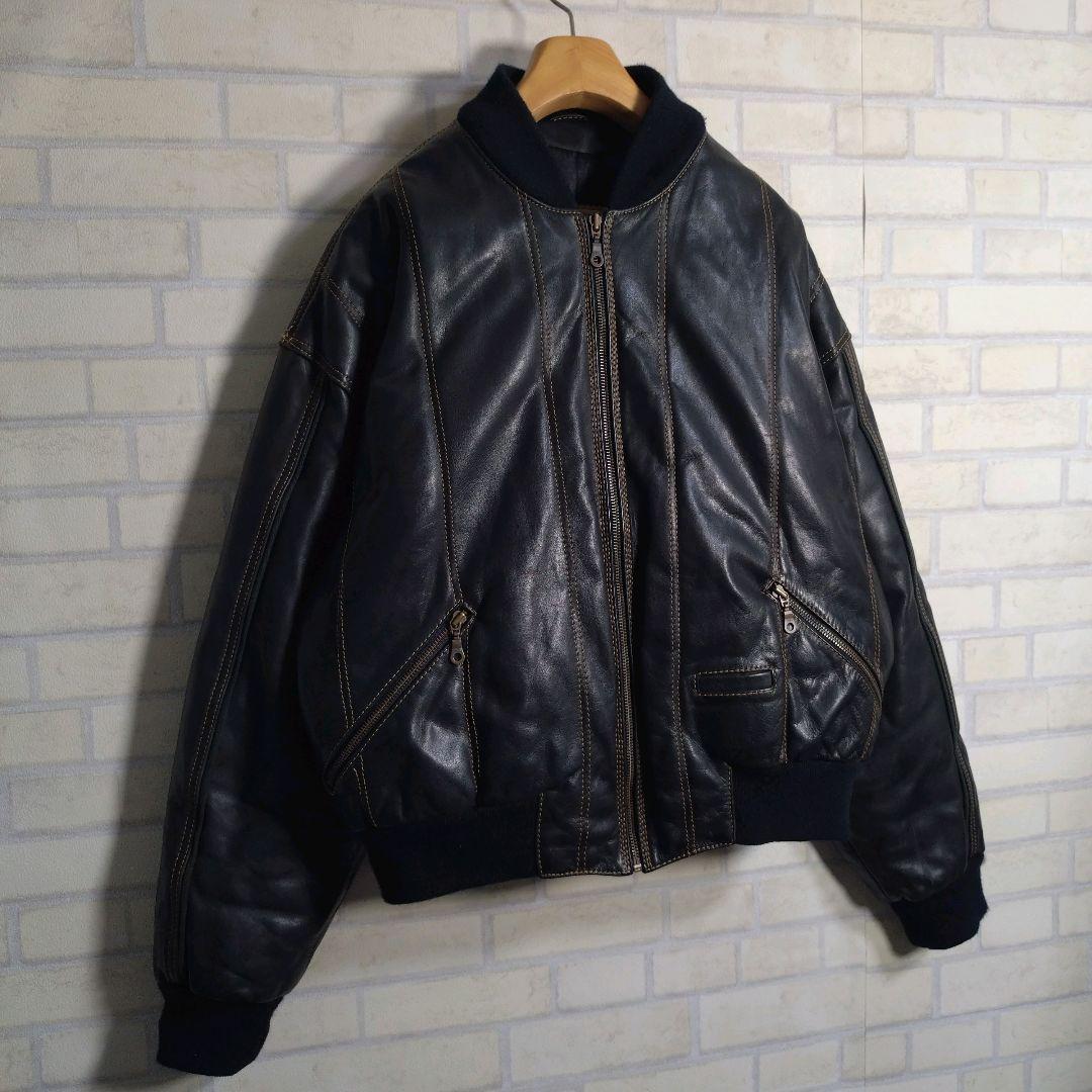 ヴィンテージ★総ステッチ リアルレザー 牛革 レザージャケット ネイビー M相当