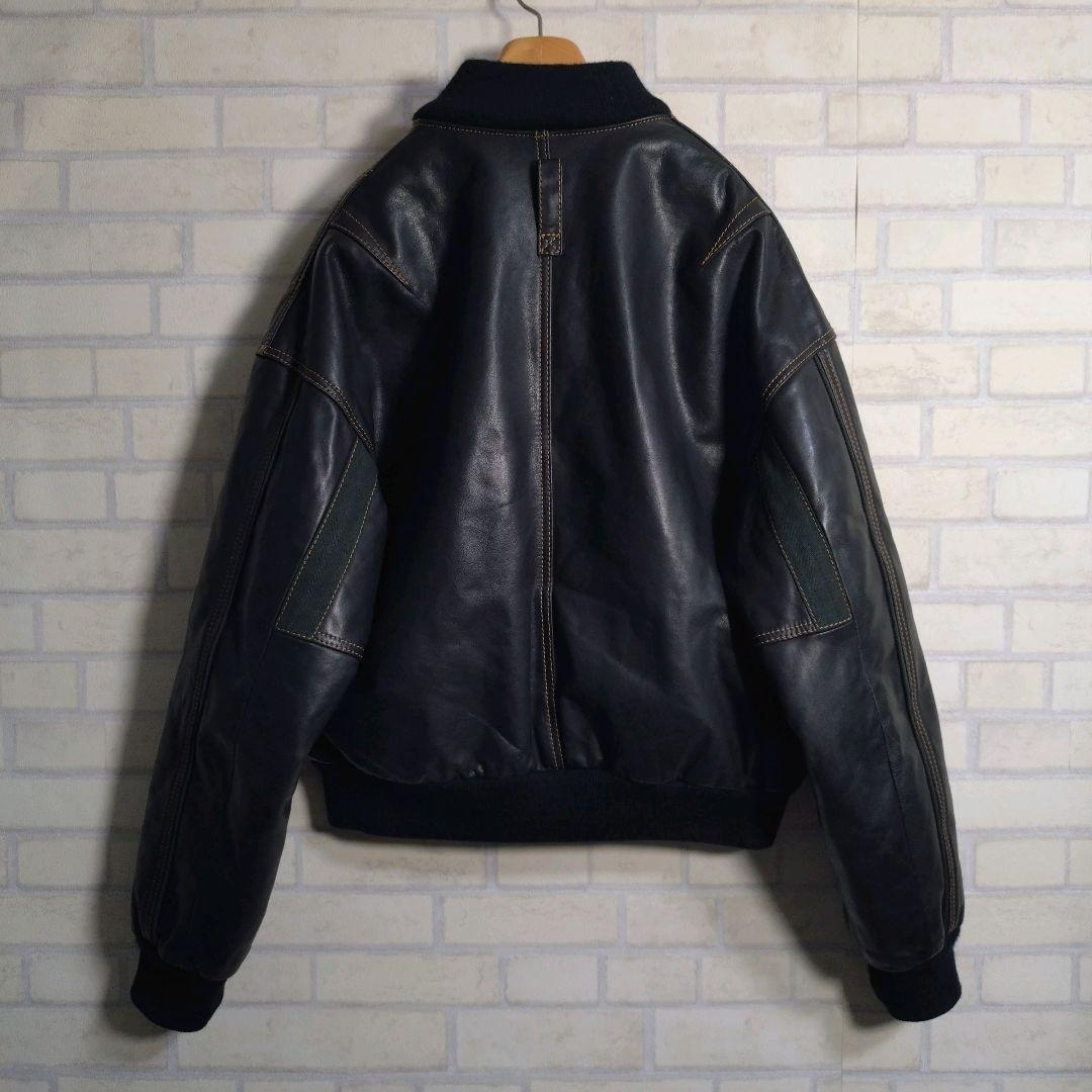 ヴィンテージ★総ステッチ リアルレザー 牛革 レザージャケット ネイビー M相当