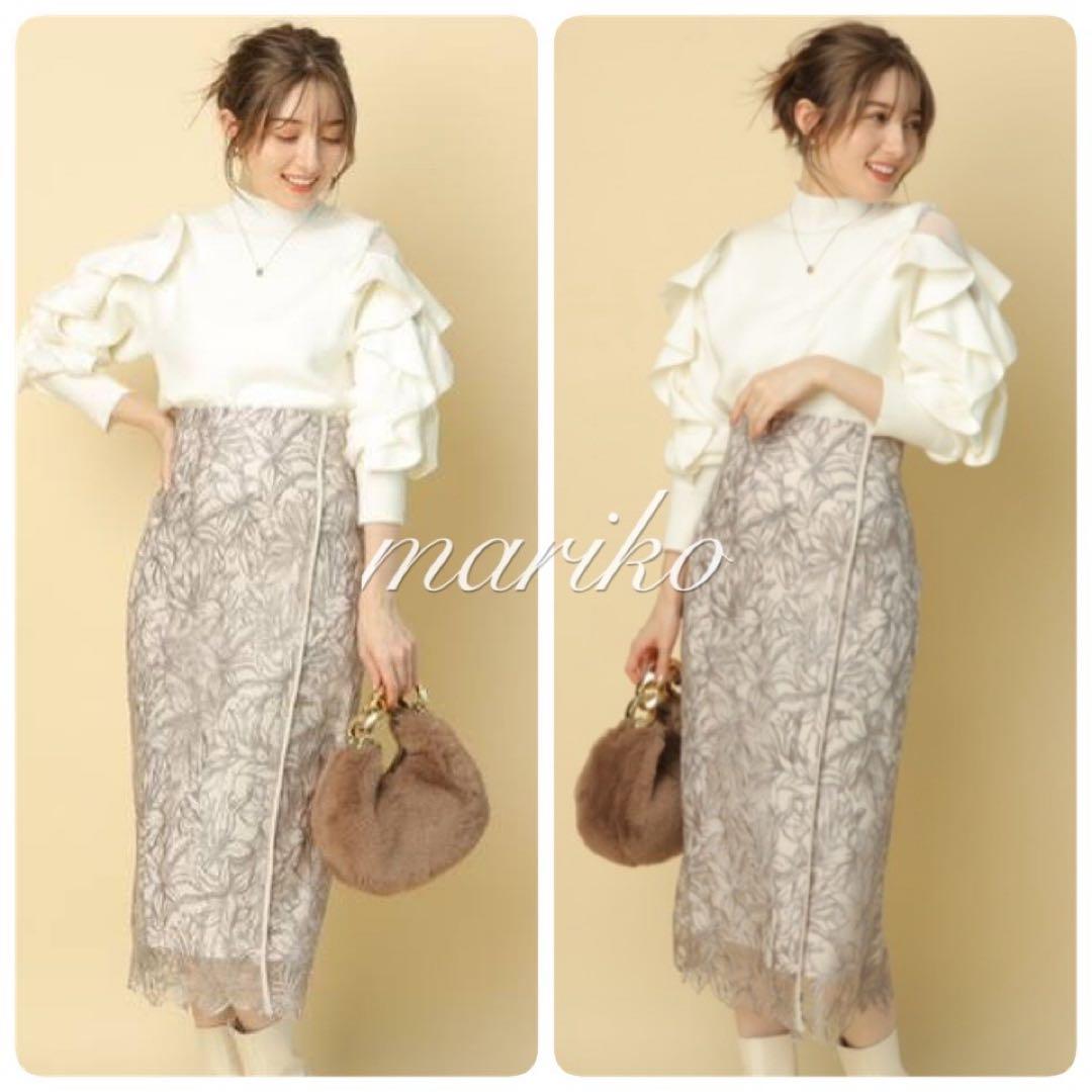 新品アプワイザーリッシェ ライン刺繍タイトスカート　ジャスグリッティーベージュ1