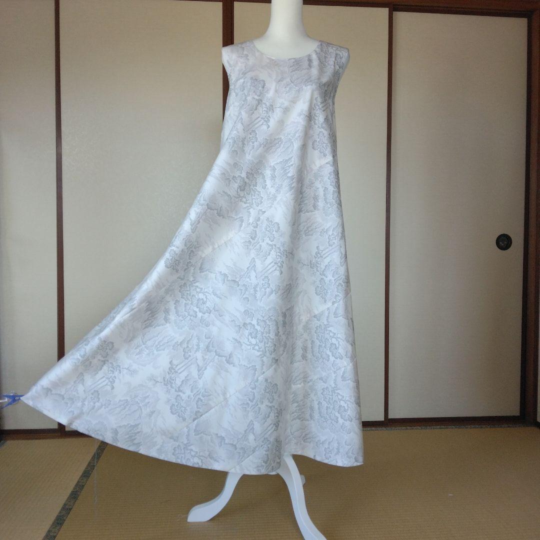 白大島紬解き生地からバイアス仕立てロングフレアーワンピース　L寸