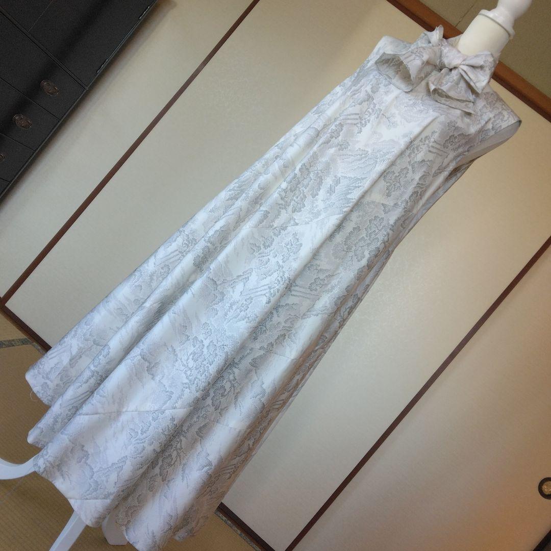 白大島紬解き生地からバイアス仕立てロングフレアーワンピース　L寸