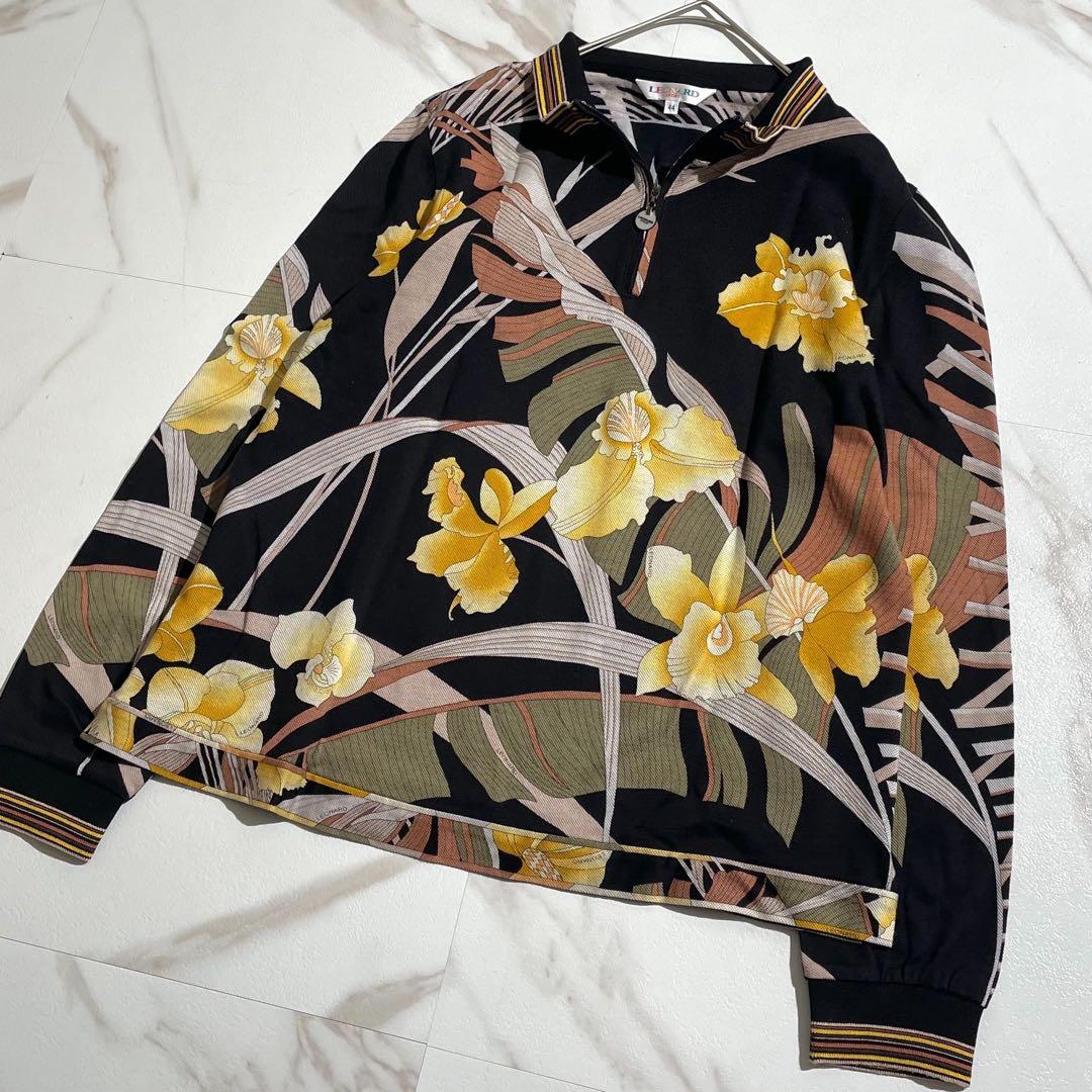 【希少】レオナール ハーフジップブラウス 花柄 トリム XLサイズ 黒 コットン