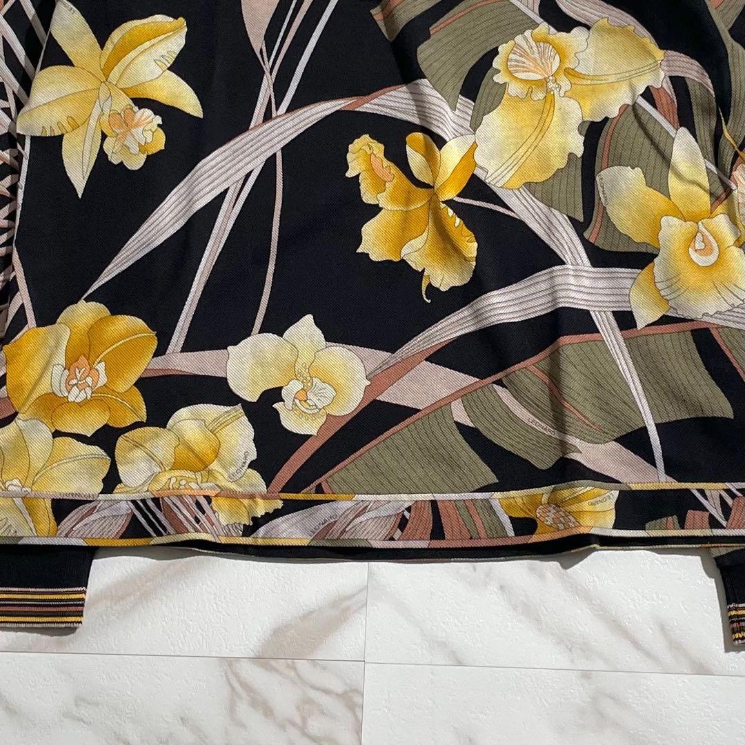 【希少】レオナール ハーフジップブラウス 花柄 トリム XLサイズ 黒 コットン