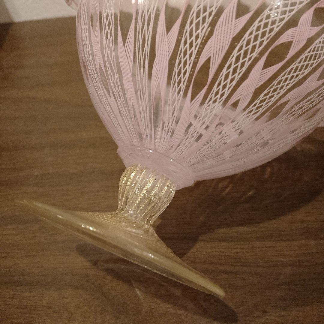 ベネチアンガラス　ムラノ　MURANO　コンポート　ピンク　レース　インテリア