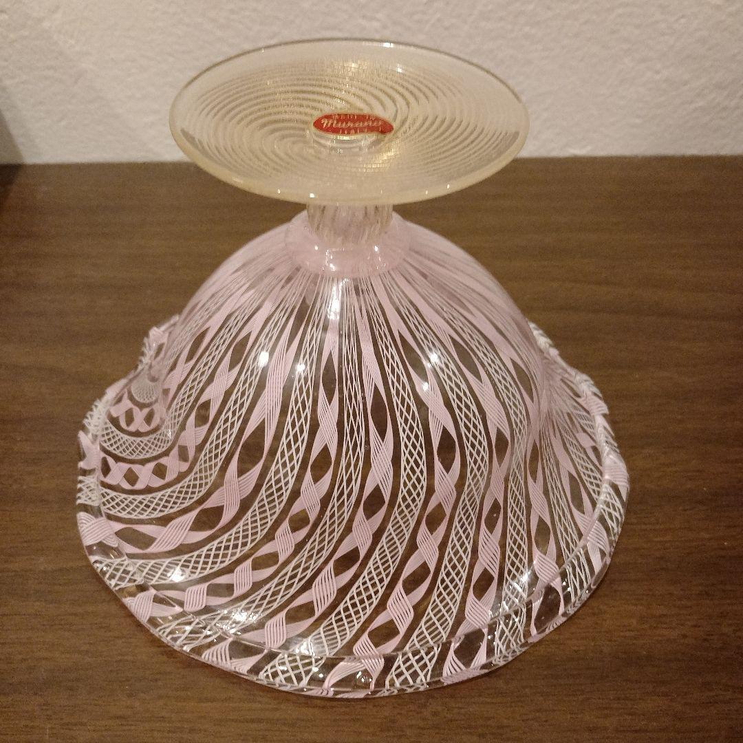 ベネチアンガラス　ムラノ　MURANO　コンポート　ピンク　レース　インテリア