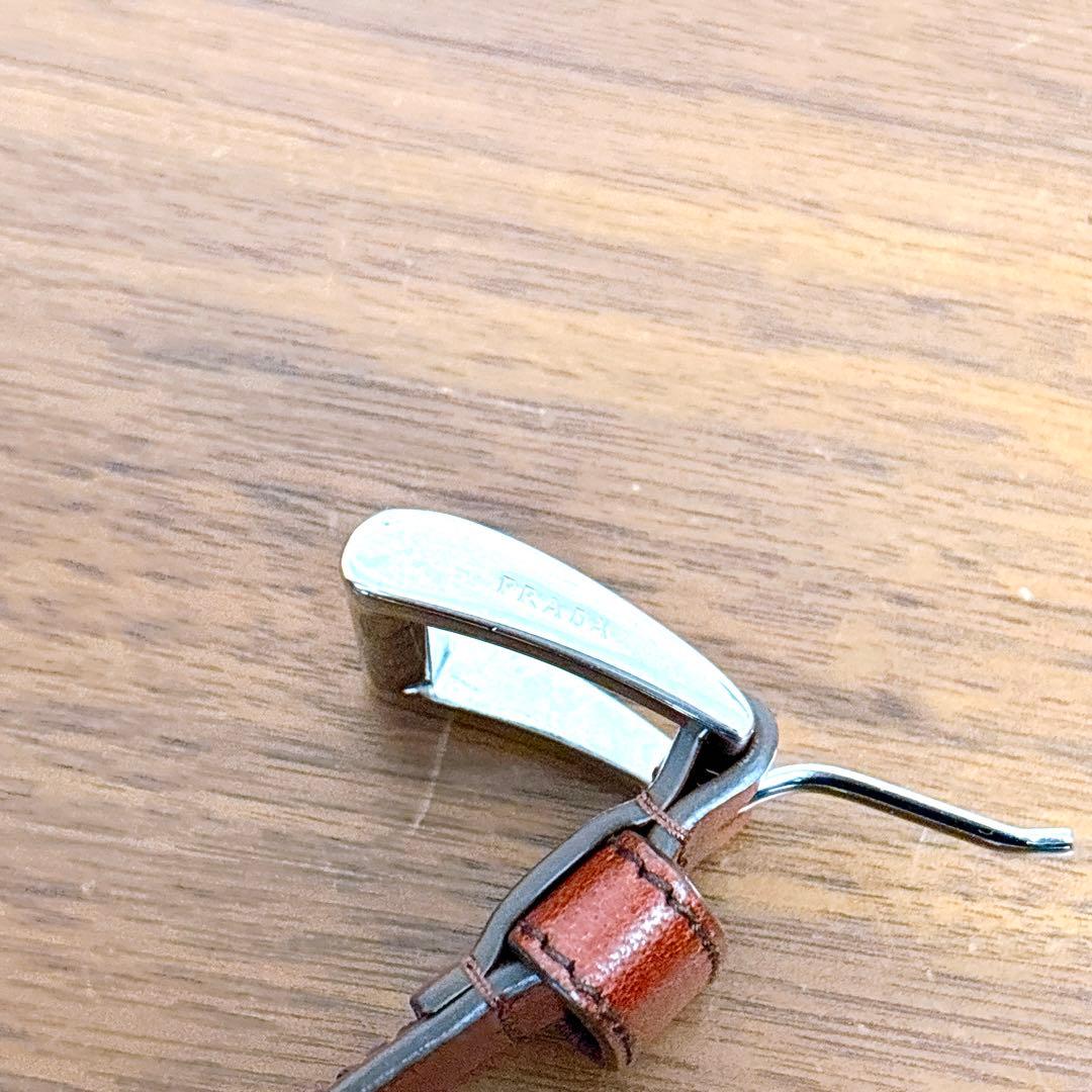 美品 PRADA レザーベルト ブラウン ロゴ刻印 ビジネス シルバーバックル