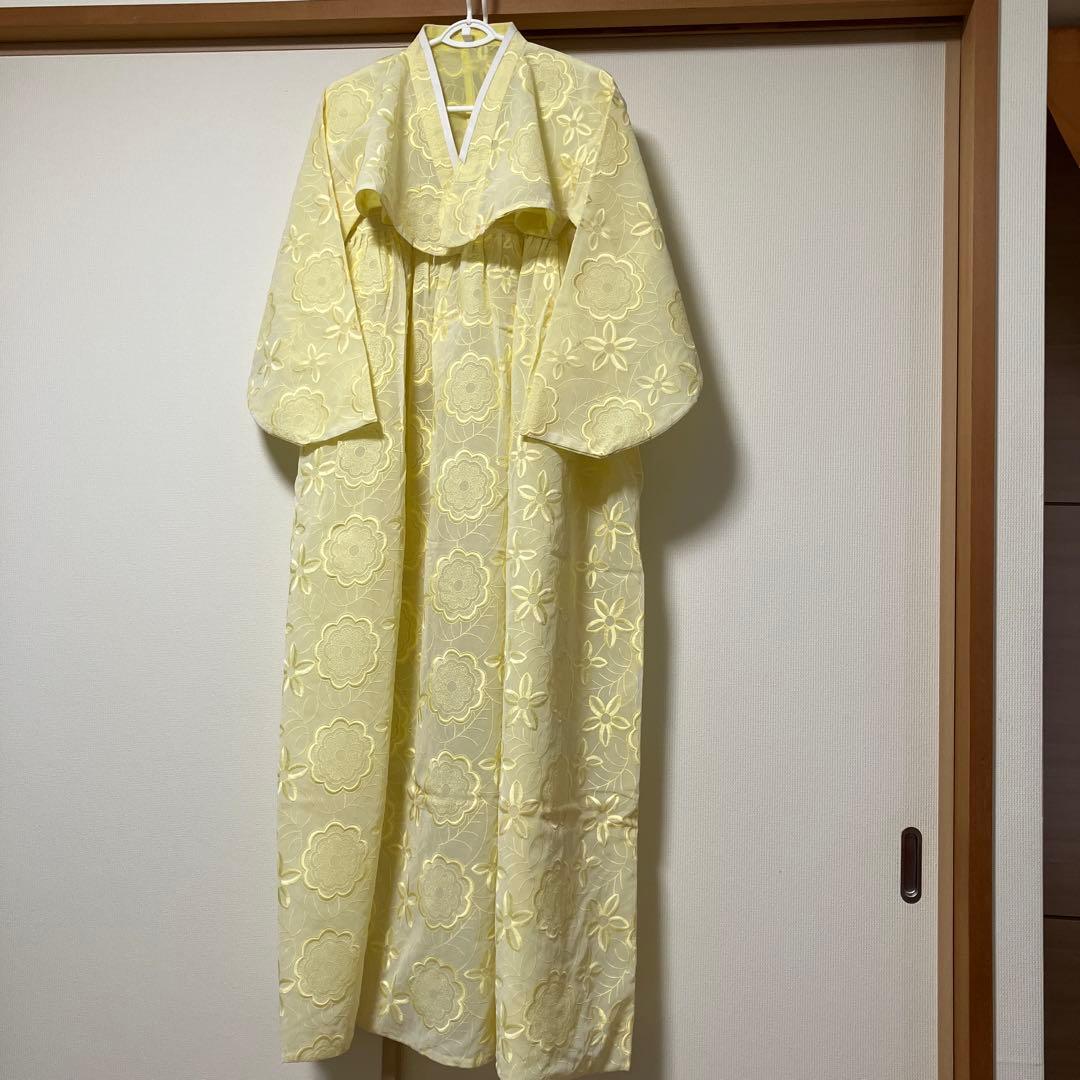 チマチョゴリ　オッコルムなし　淡いイエロー　レース花柄　黄色　韓服