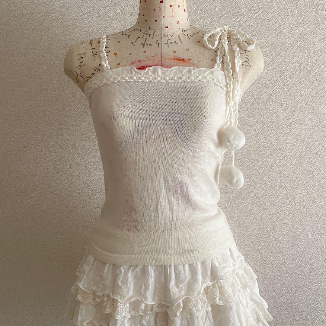00s 希少 LIZLISA 旧タグ ぽんぽん付リボン レース紐ニットキャミ