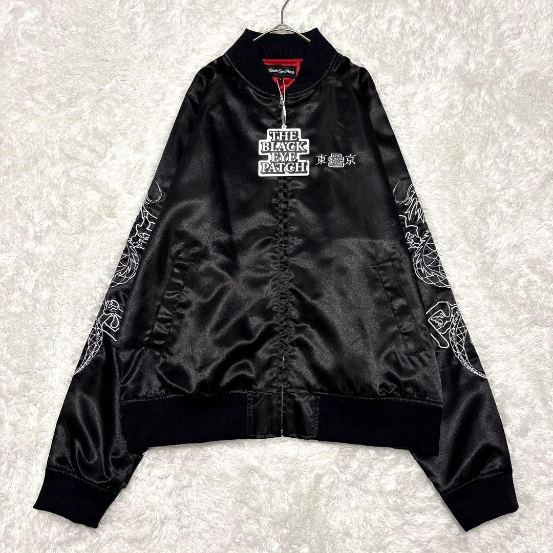 新品✨ブラックアイパッチ スカジャン ドラゴン 龍 刺繍 サテン 光沢 黒 L