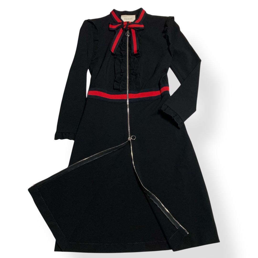 現行タグ★GUCCI グッチ ジャージーワンピース シェリーライン ボウタイ L