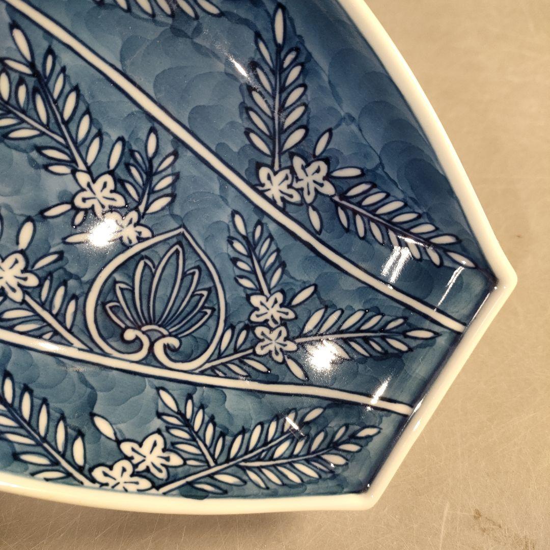 A1380-8/有田焼/源右衛門窯/染付葵流水絵舟形皿4客/共箱/飾皿/懐石道具