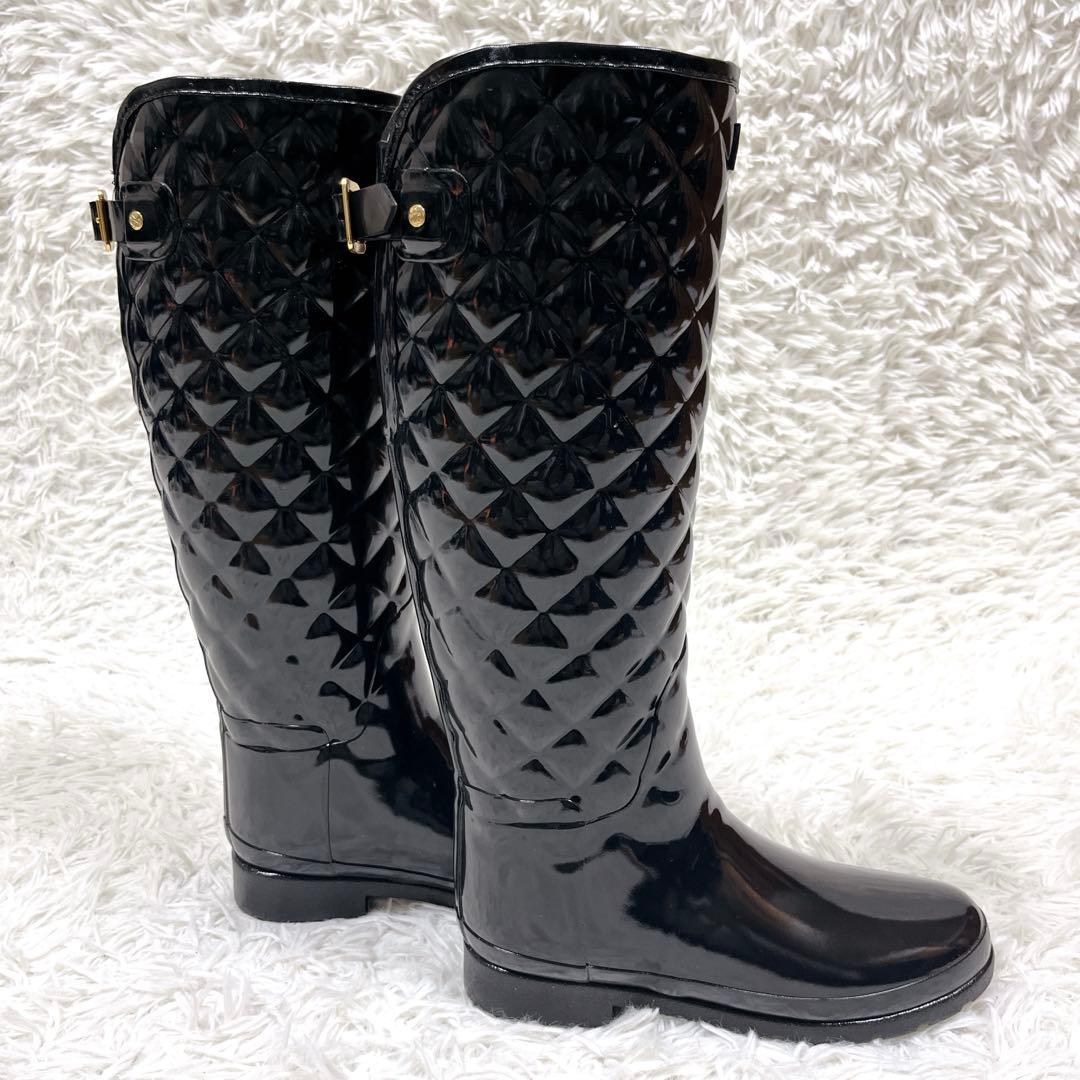 未使用級✨ハンター リファインドグロスキルトトールレインブーツ ブラック25cm