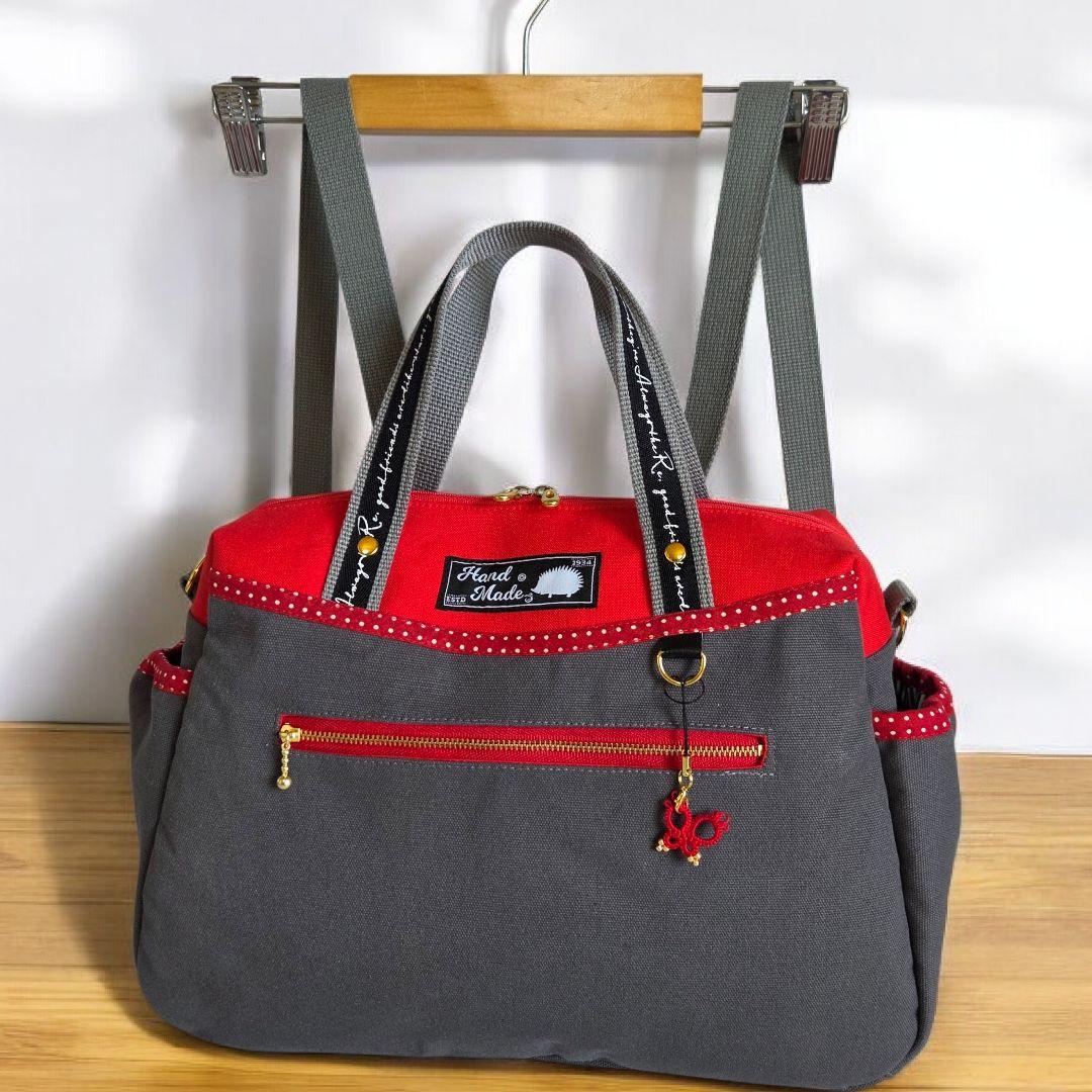 ボストン型3way バッグ(L)　帆布×ドット　ハンドメイド