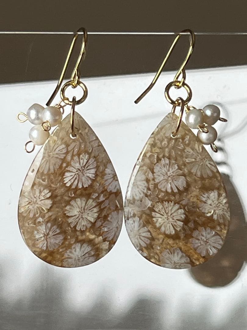 なまけもの　14kgf 透け感綺麗なフォッシルコーラル ピアス