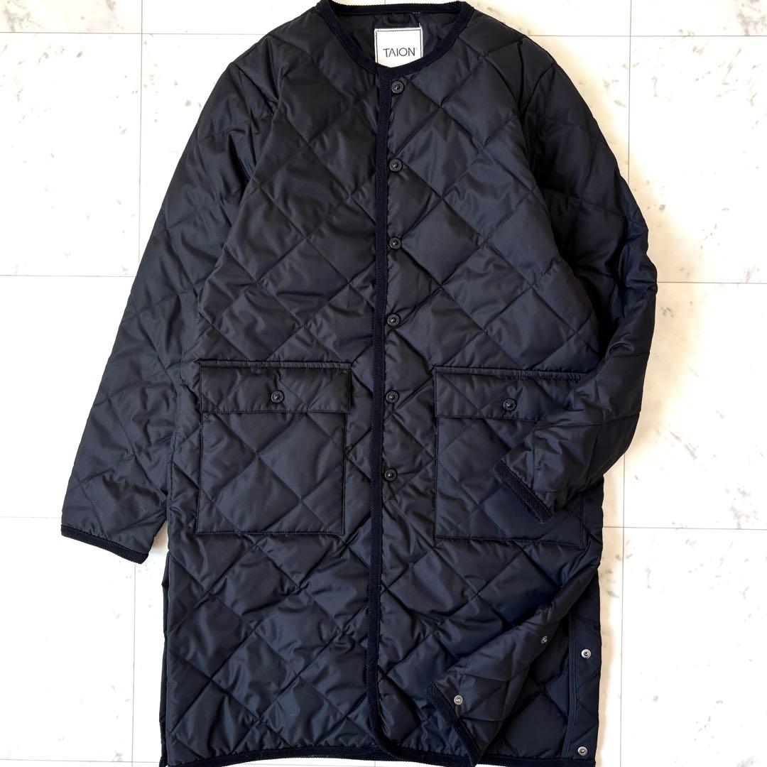 美品　タイオン　パイピングノーカラーキルティングコート　コーデュロイ　ロゴボタン
