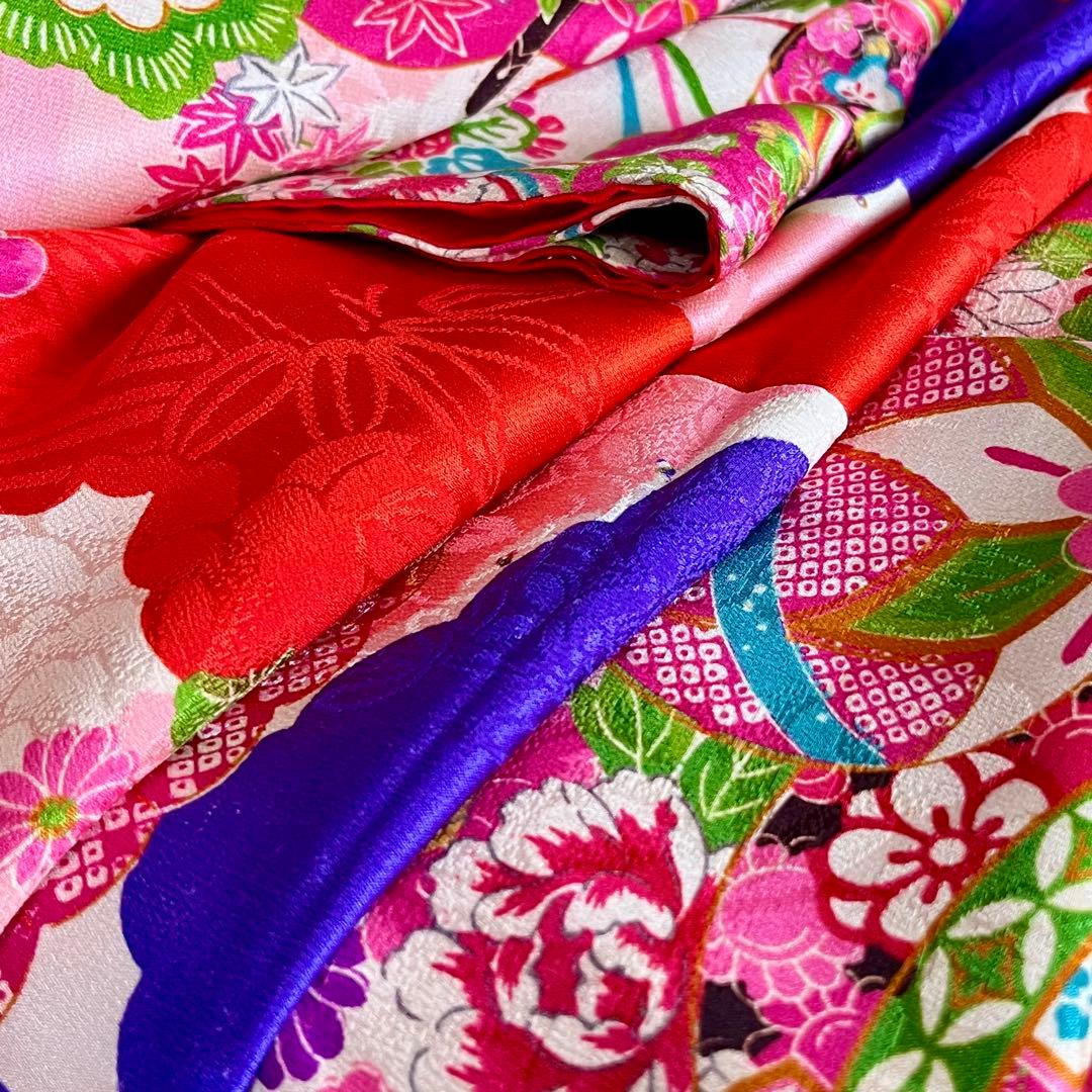 正絹 アンティーク着物 七五三 ◇御所車 薬玉 鞠 平安雅な古典柄