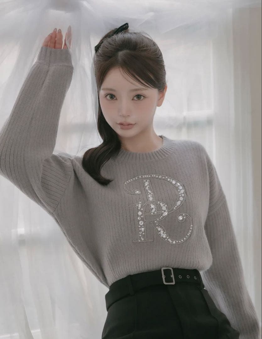 Darich ダーリッチ DRビジューボリュームリブニットトップス グレー