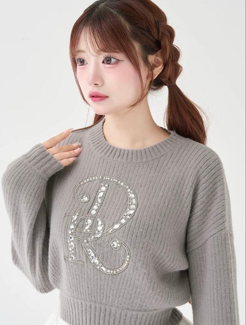 Darich ダーリッチ DRビジューボリュームリブニットトップス グレー