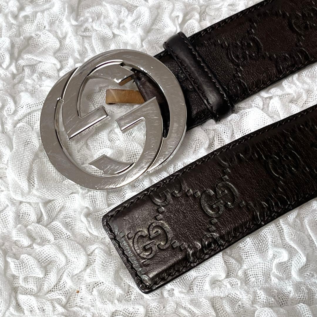 美品　グッチ　シマ　インターロッキングG　ベルト　114984　95/38 茶