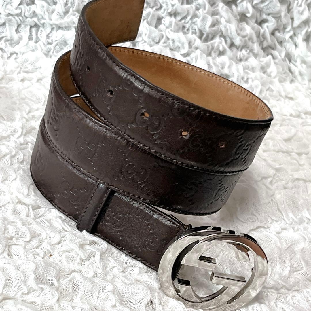 美品　グッチ　シマ　インターロッキングG　ベルト　114984　95/38 茶