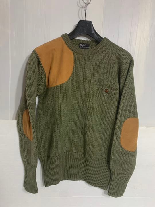 90'sヴィンテージラルフローレン国内正規革ガン&エルボーパッチニットセーターL