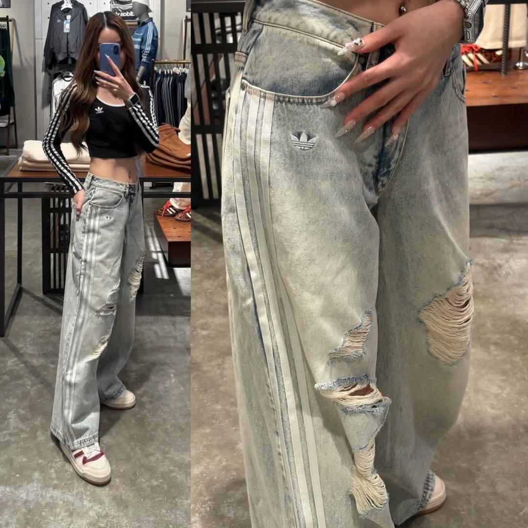 新品29⭐️adidasルーズデニム ディストレスト パンツ ダメージ加工 ブルー