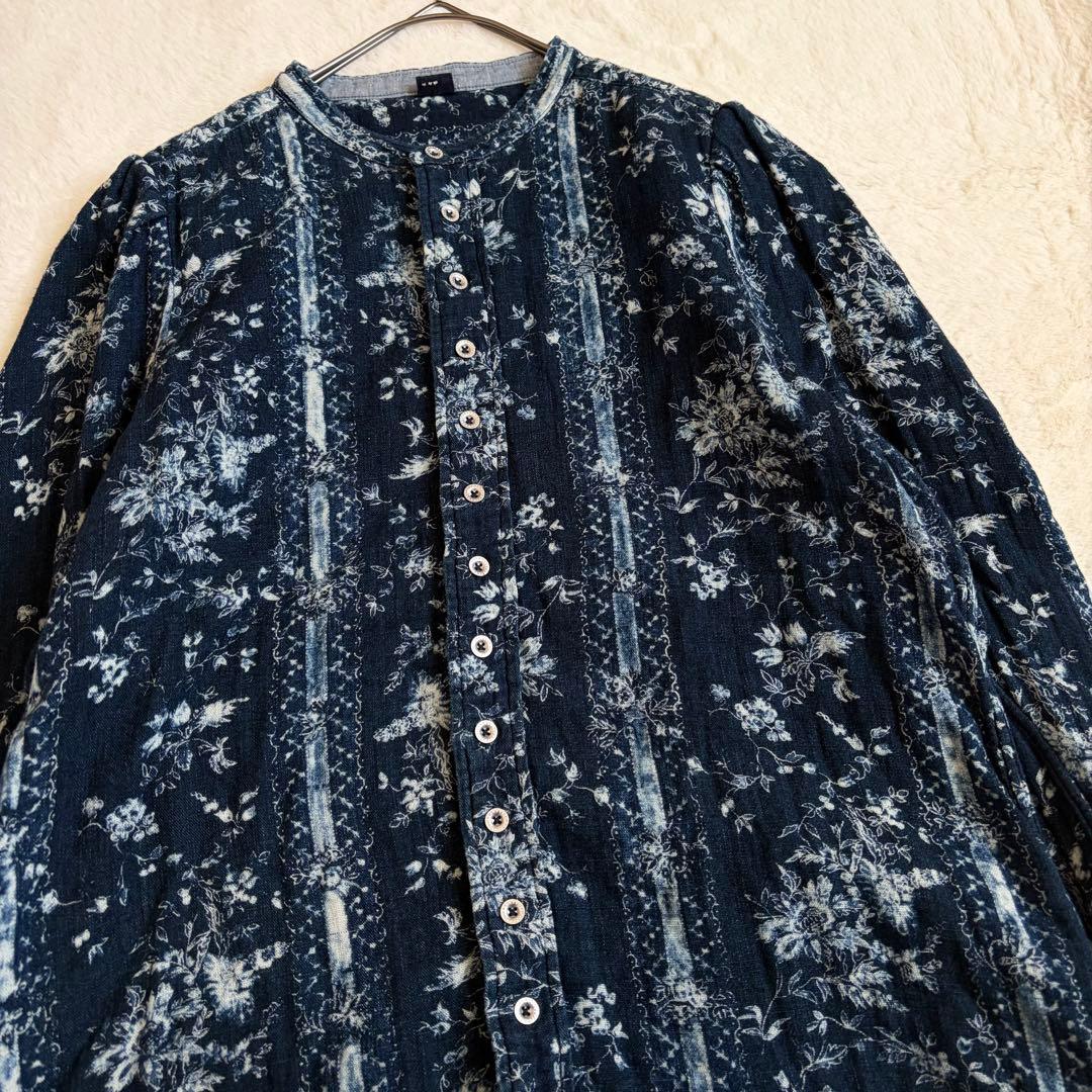 45R 二重織かごフラワーのアニーブラウス　インディゴ　シャツ　バンドカラー