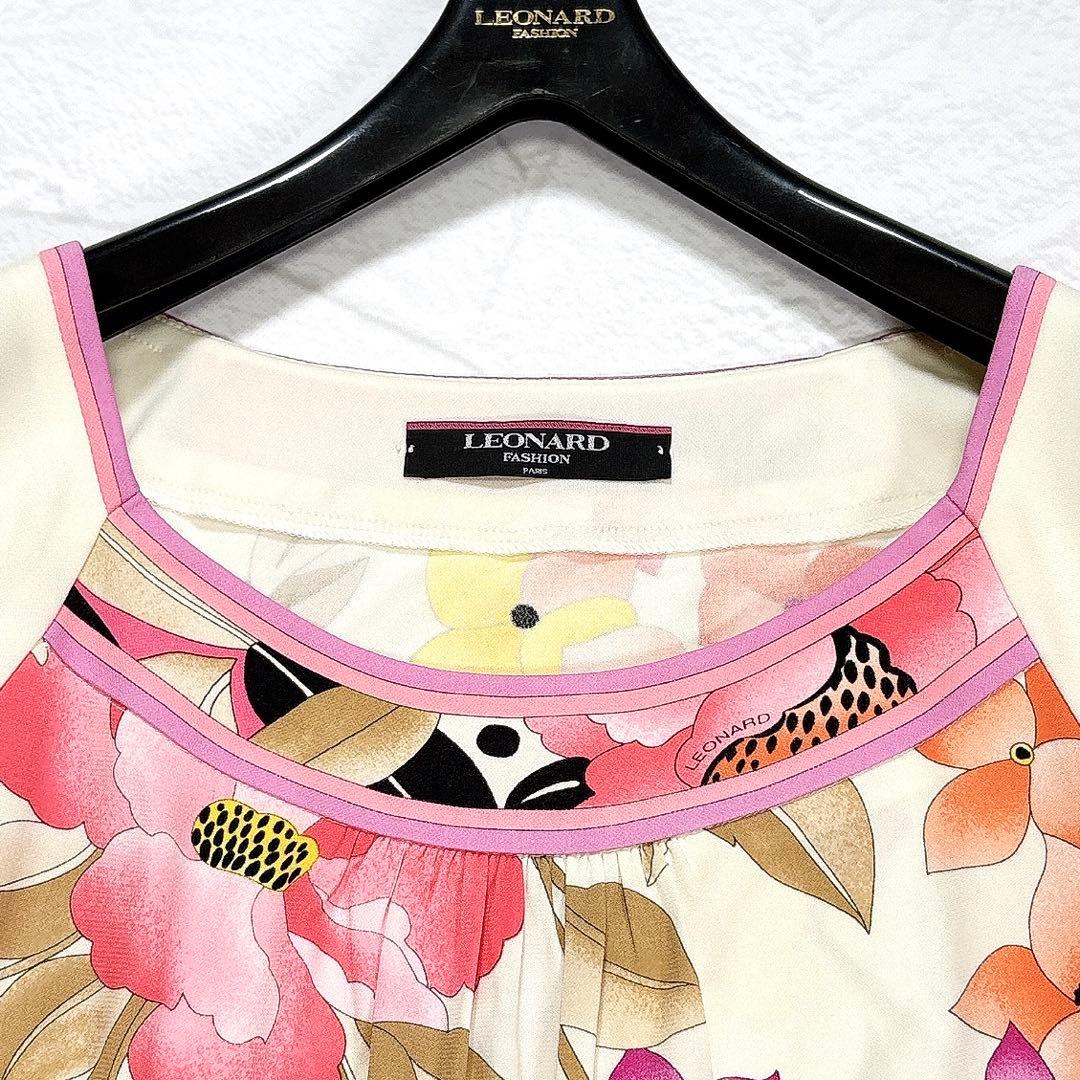 レオナール　ワンピース　チュニック　カンカン　トリム　花柄　L　マルチカラー