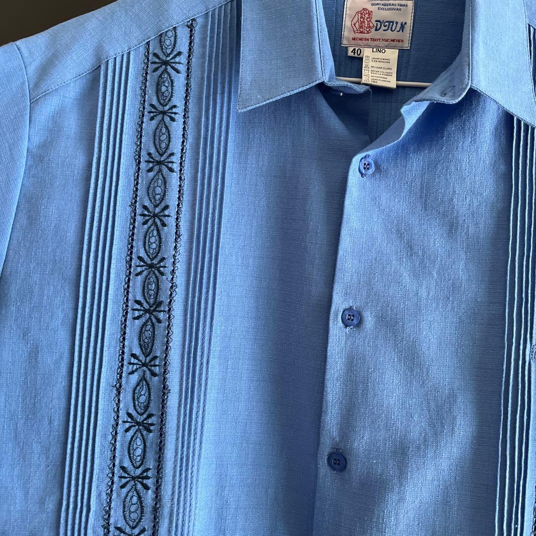 GUAYABERA shirt 40 ブルー　キューバシャツ　メキシコシャツ